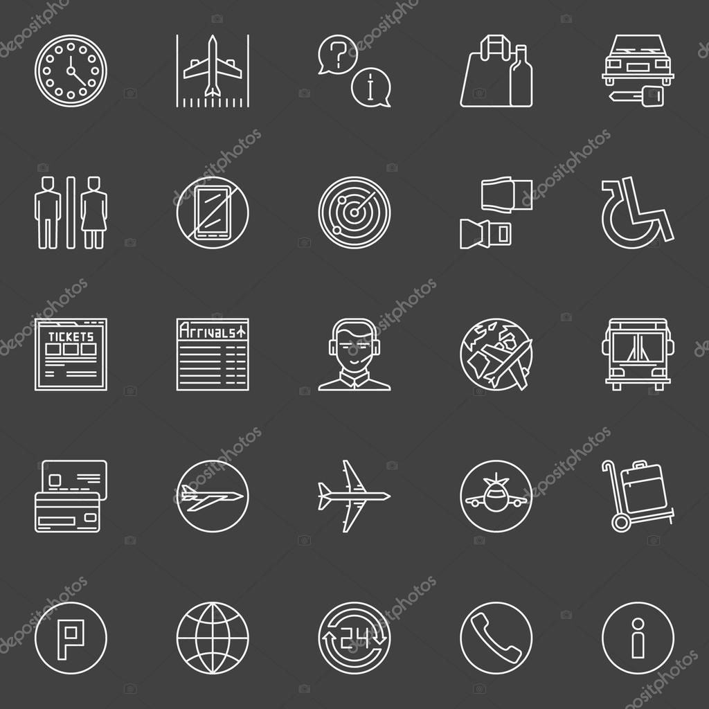 Air travel or airport line icons - vector collection of airport white symbols on dark background