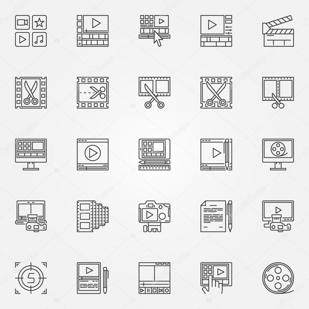 Video editor icons set - video editing signs in thin line style. Minimal movie symbols