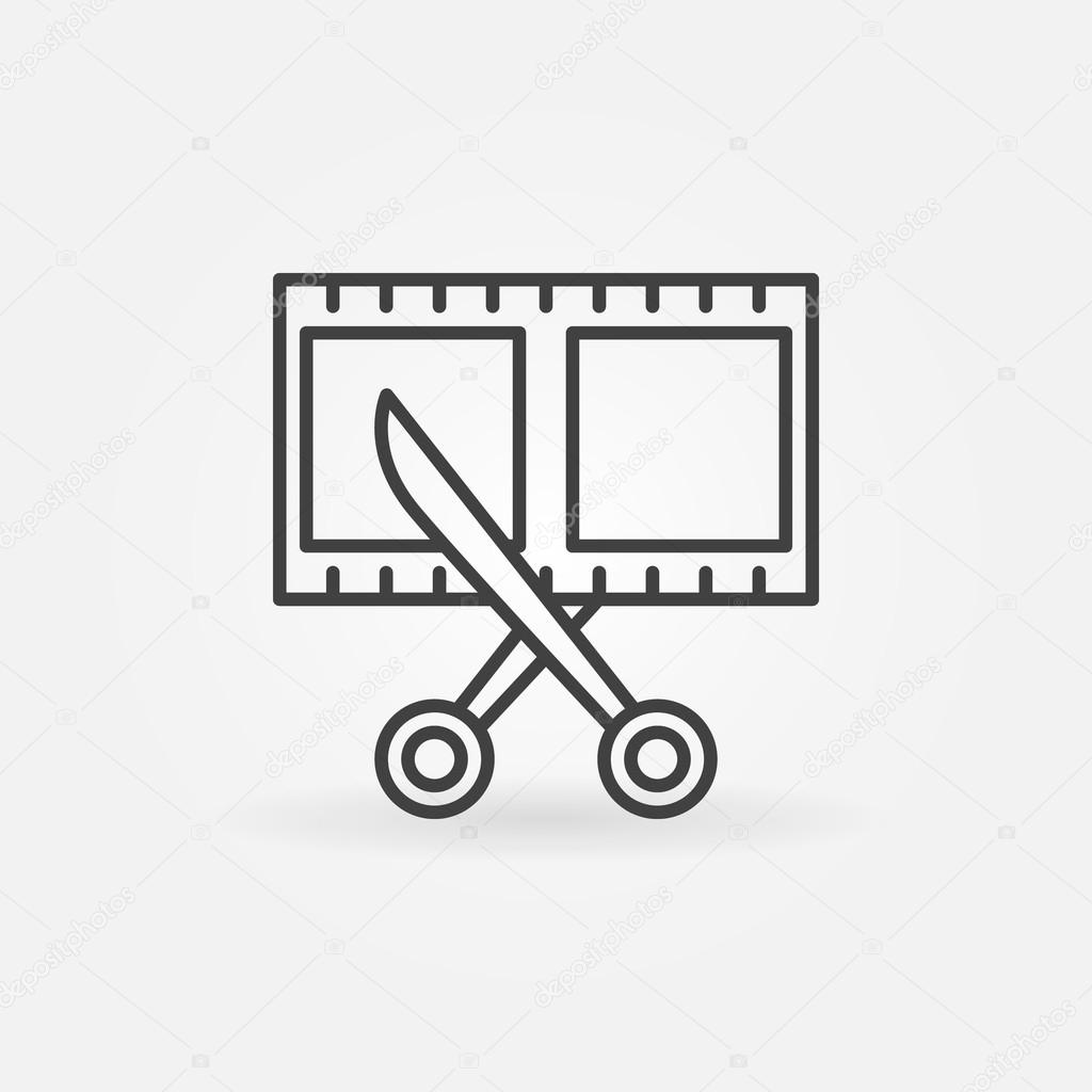 Film strip with scissors icon - vector simple linear scissors cutting film shot sign. Video editting symbol