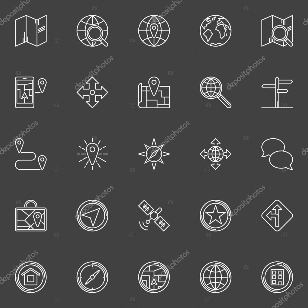Navigation line icons - vector set of navigation or location symbols. Linear geolocation signs on dark background