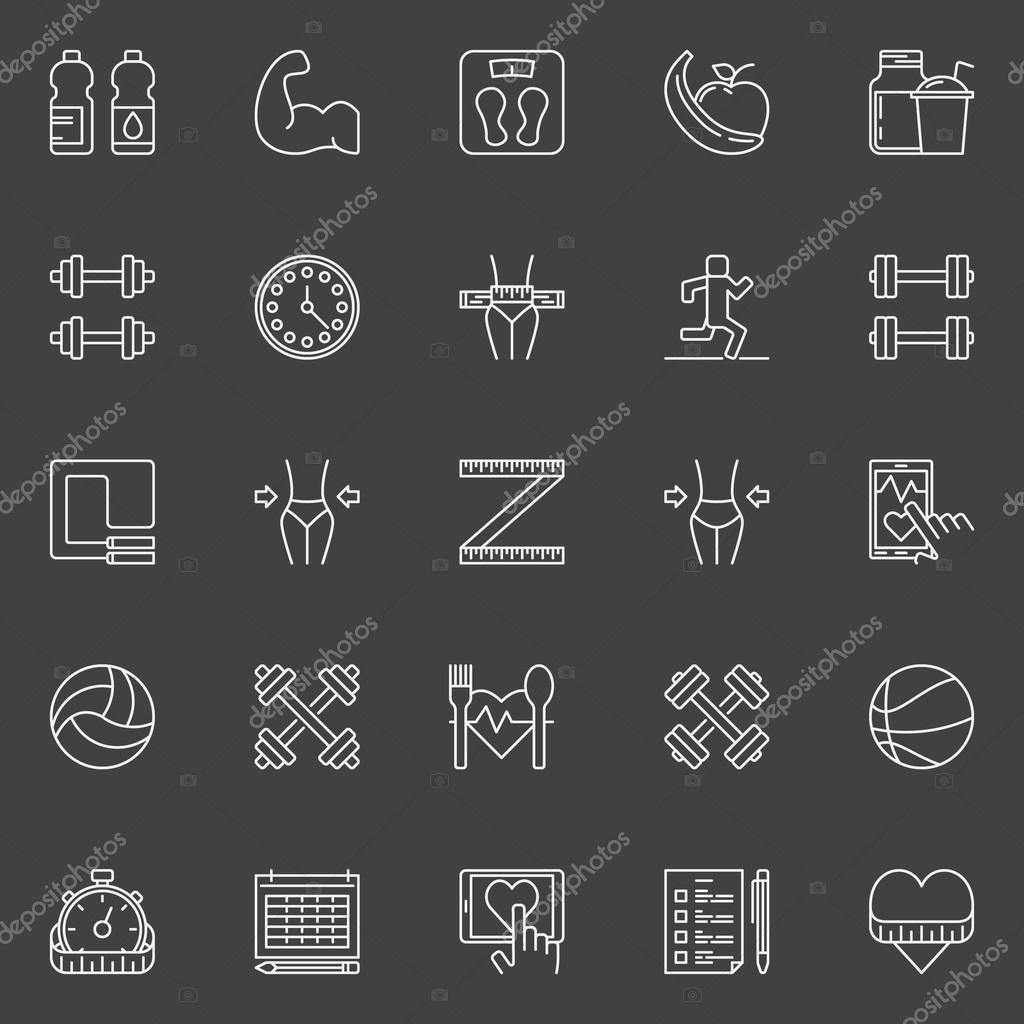 Health and fitness icons - vector set of fitness and a healthy lifestyle linear symbols on dark background