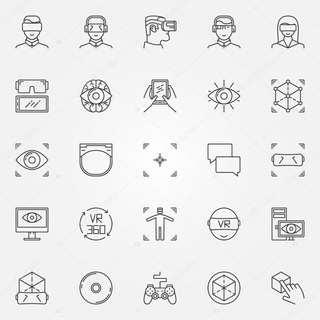 Virtual reality icons set - vector thin line VR headset symbols and gadgets signs