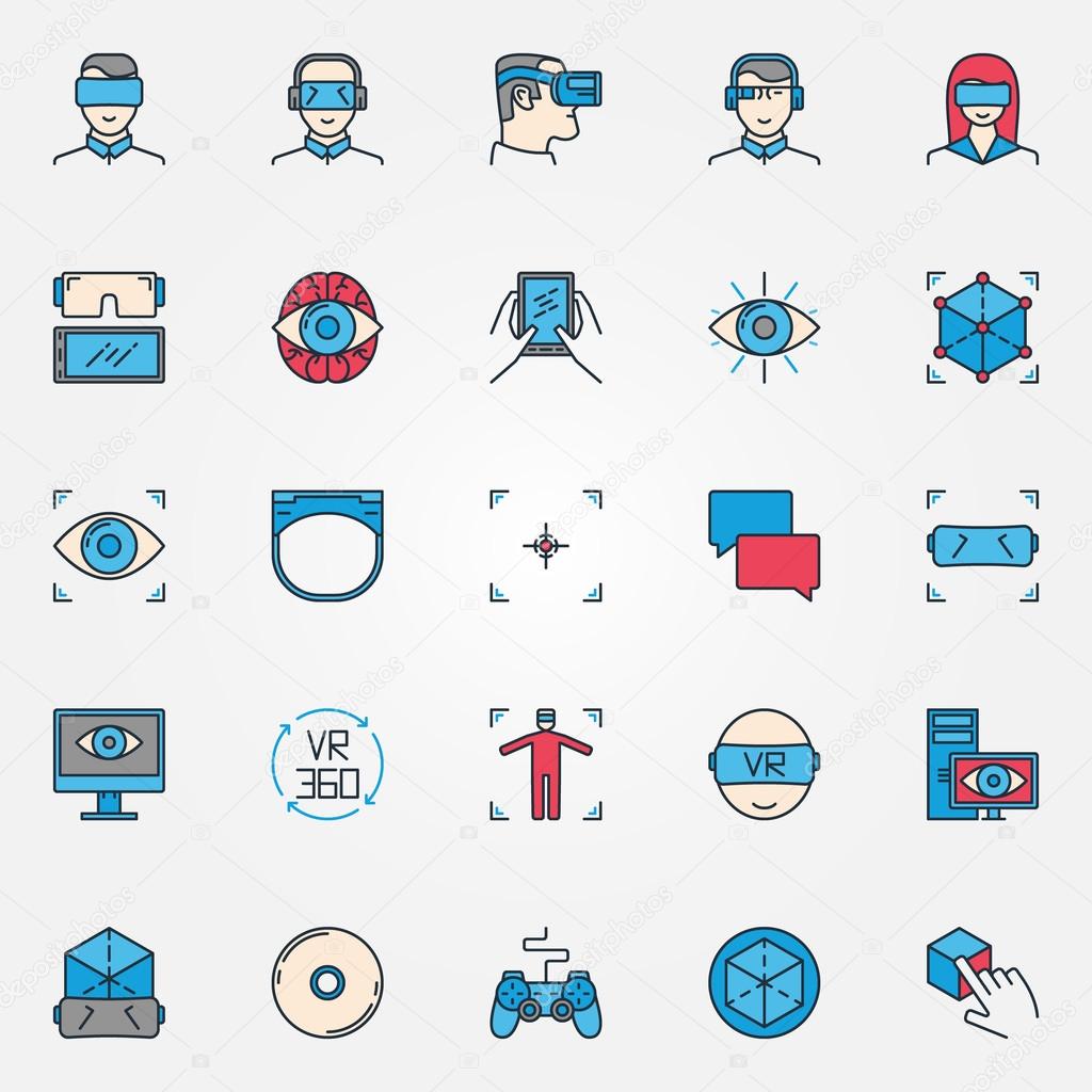 Virtual reality icons - vector set of colorful VR devices symbols or innovation virtual reality signs