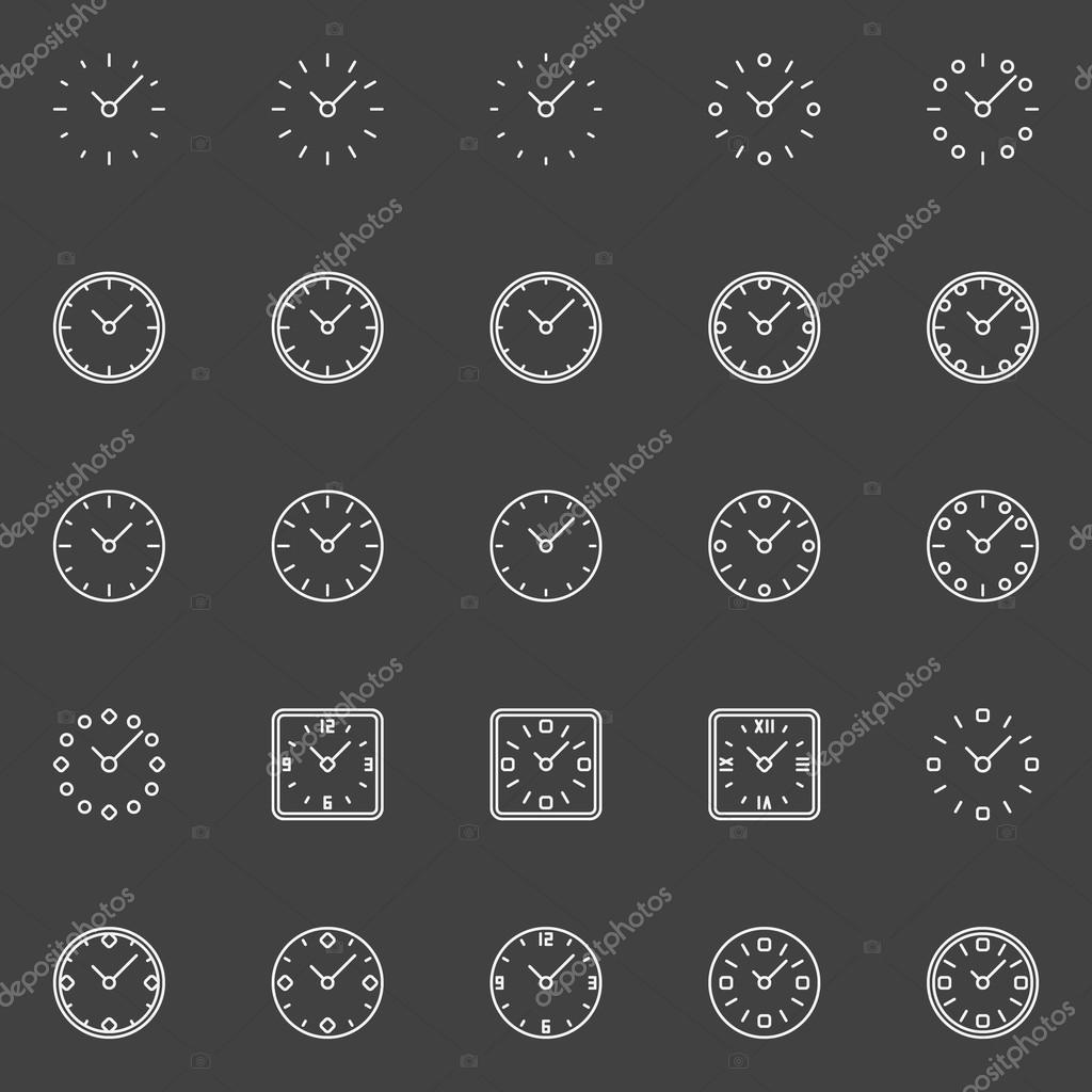 Clocks line icons - vector minimal time or clock symbols in thin line style on dark background. Watch outline signs