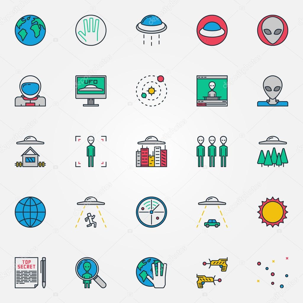 UFO and aliens icons - vector collection of colorful UFO or ufology signs or logo elements