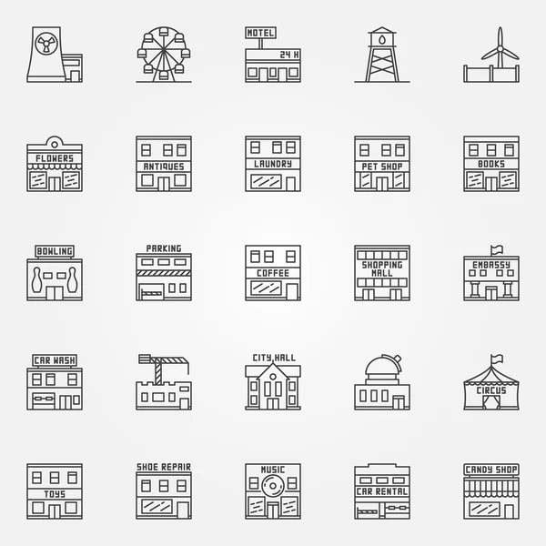 Ciudad edificios icono vector conjunto — Vector de stock