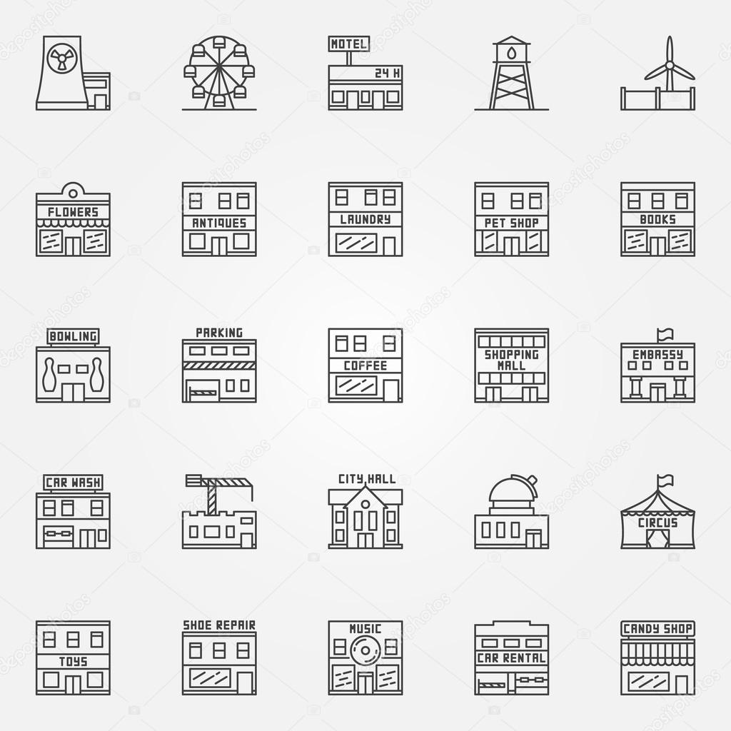 City buildings icon set - vector collection of town buildings thin line symbols. Circus, bowling, observatory and other linear signs