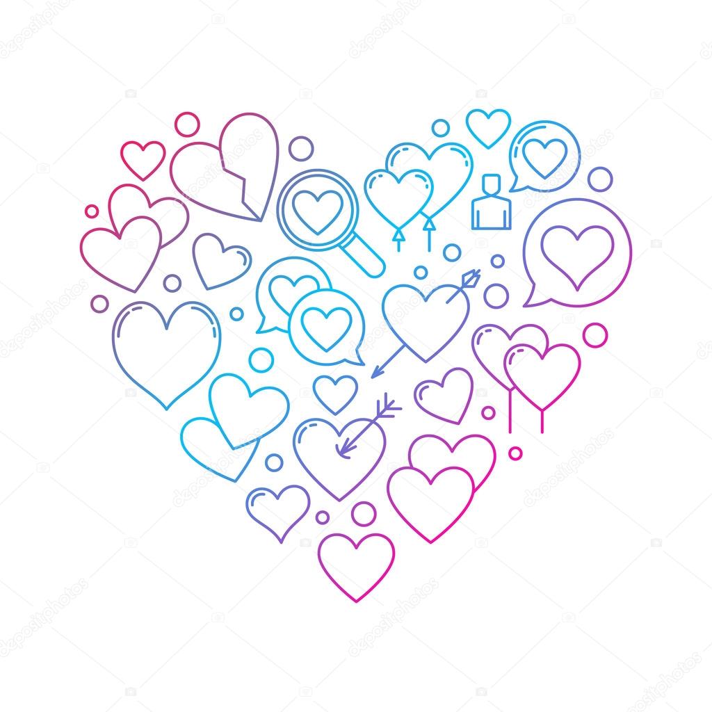 Searching for love concept. Vector find love symbol made with thin line icons. Finding Love bright linear illustration