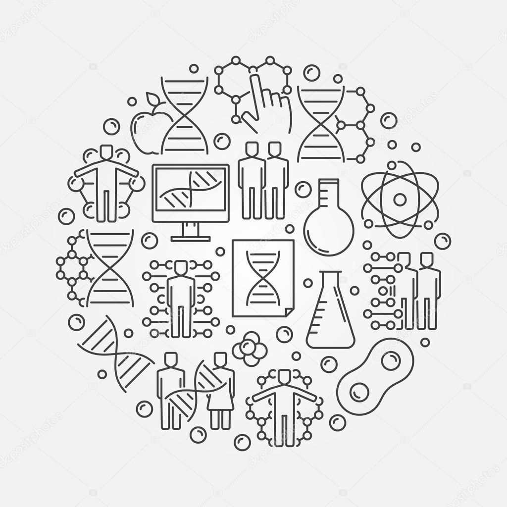 Genetics round illustration. Vector DNA and science concept symbol made with thin line icons