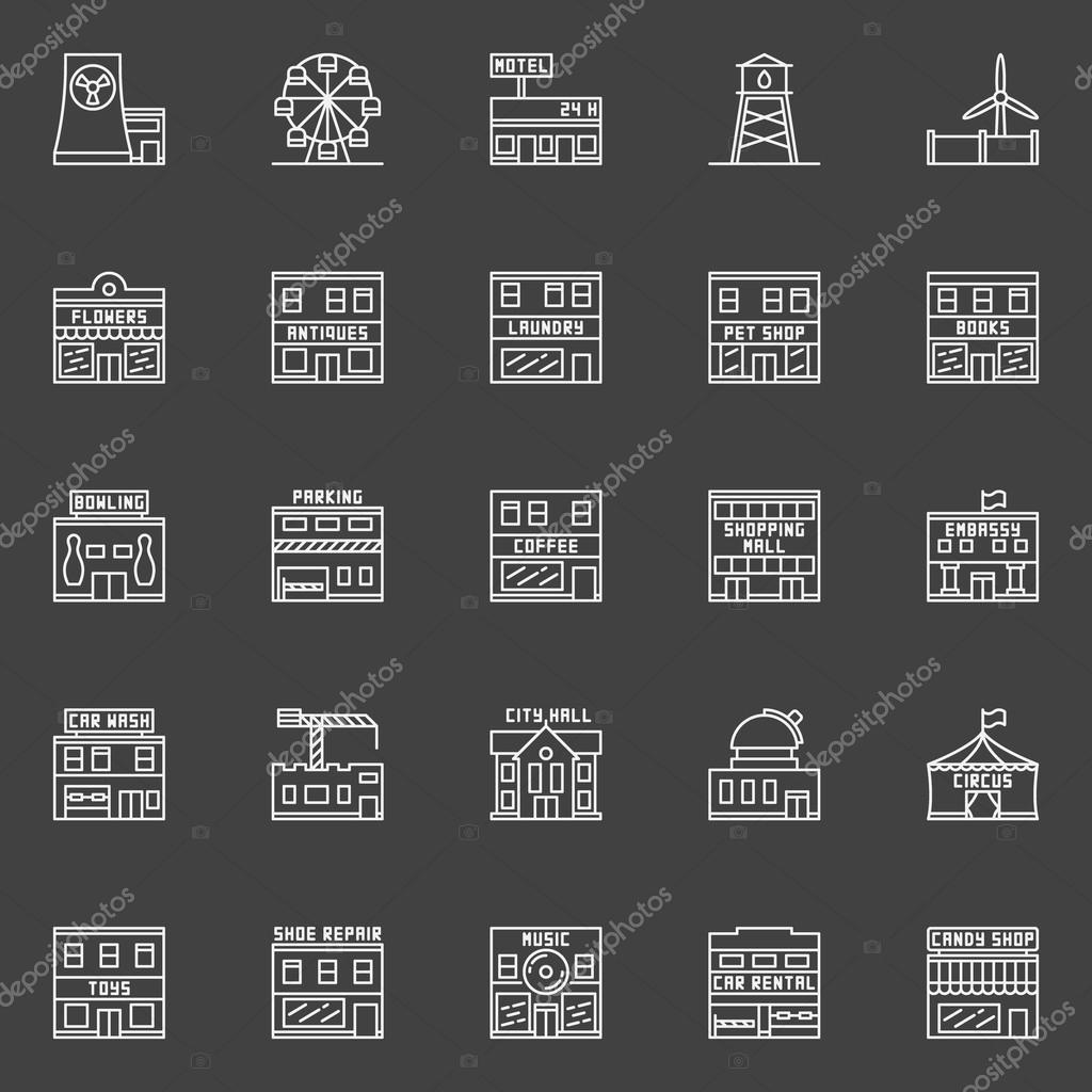 Buildings and constructions icons. Vector outline set of city places symbols. Building signs collection on dark background