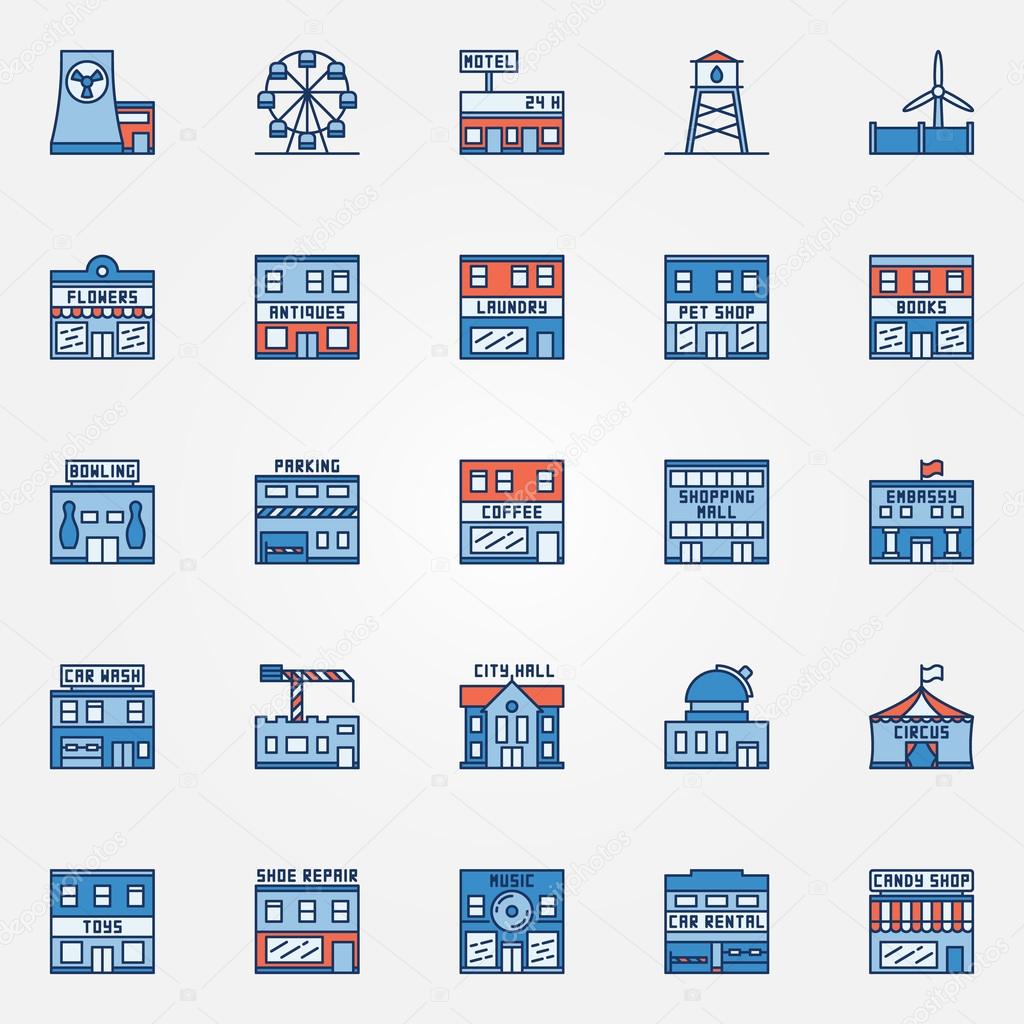 Colorful town building icons - vector set of flat urban buildings. Shops symbols or logo elements