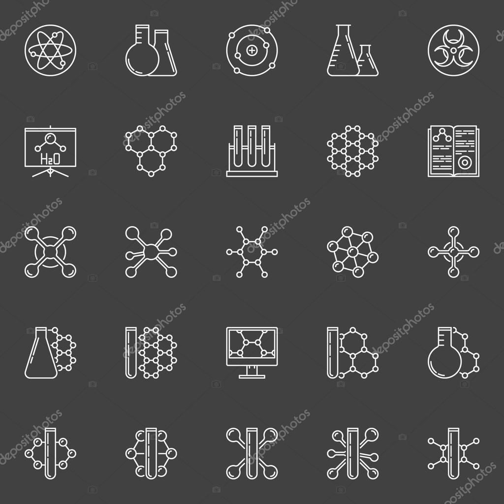 Chemistry vector icons - set of chemical concept symbols. Outline chemistry formulas signs on dark background