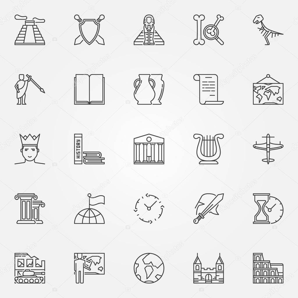 History icons set - vector collection of thin line history school subject signs or design elements