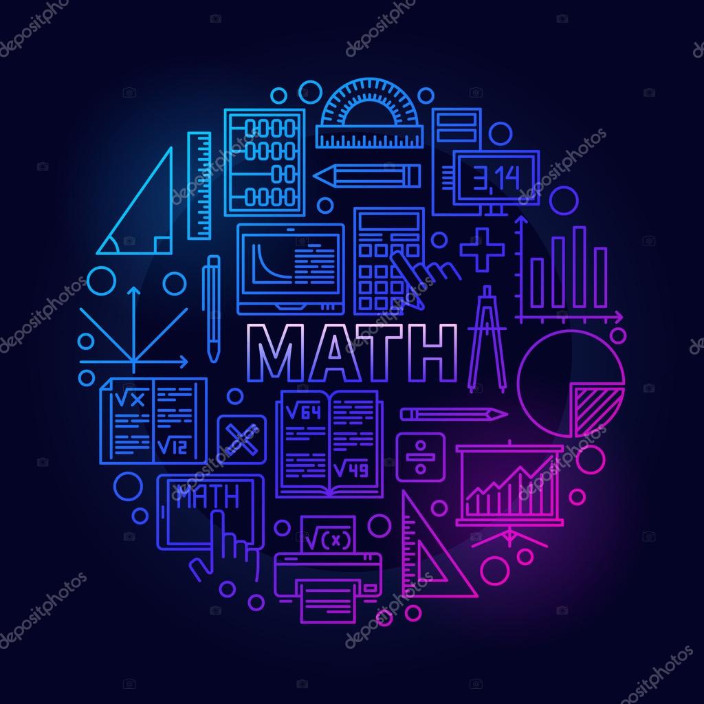 Math round bright symbol. Vector colorful mathematics school subject bright sign in thin line style on dark background