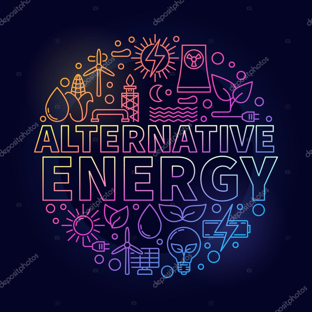Alternative energy colorful illustration. Renewable energy round concept symbol made with thin line icons on dark background