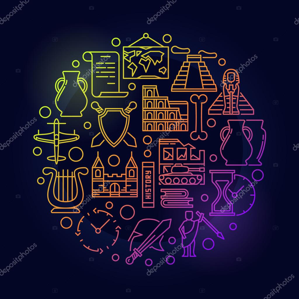 Vector bright history sign. Creative circular symbol of the study of past events on dark background