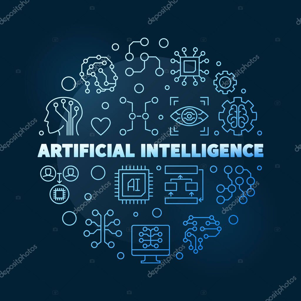 Artificial Intelligence AI concept vector colored blue modern thin line round illustration on dark background