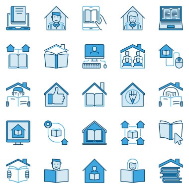 Evde eğitim vektör simgeleri. Ev Eğitimi mavi işaretler