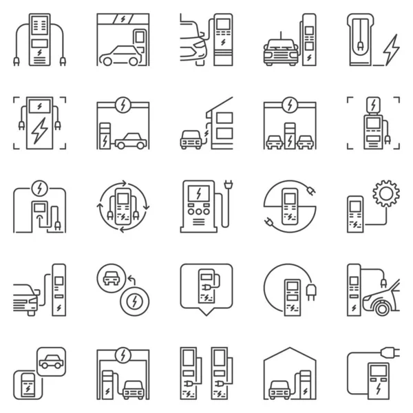 Estación de carga de vehículos eléctricos contorno iconos vectoriales conjunto — Archivo Imágenes Vectoriales