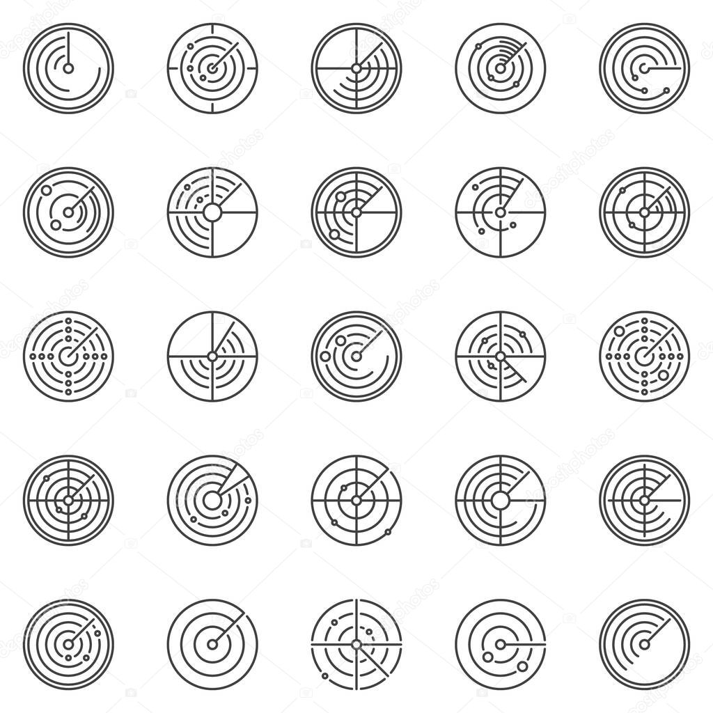 Radar round outline icons set. Vector Radio Waves Detection concept symbols in thin line style