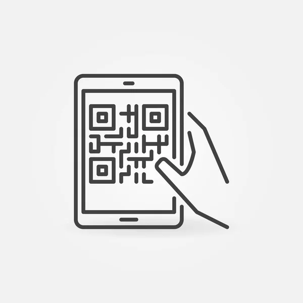 Hand holding Tablet with QR Code vector thin line icon — Stock Vector