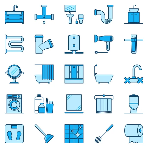 Fürdőszoba kék ikonok. Vektor WC és mosdó szimbólumok — Stock Vector