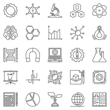 STEM Eğitim ana hatları vektör simgeleri ayarlandı. Bilim sembolleri