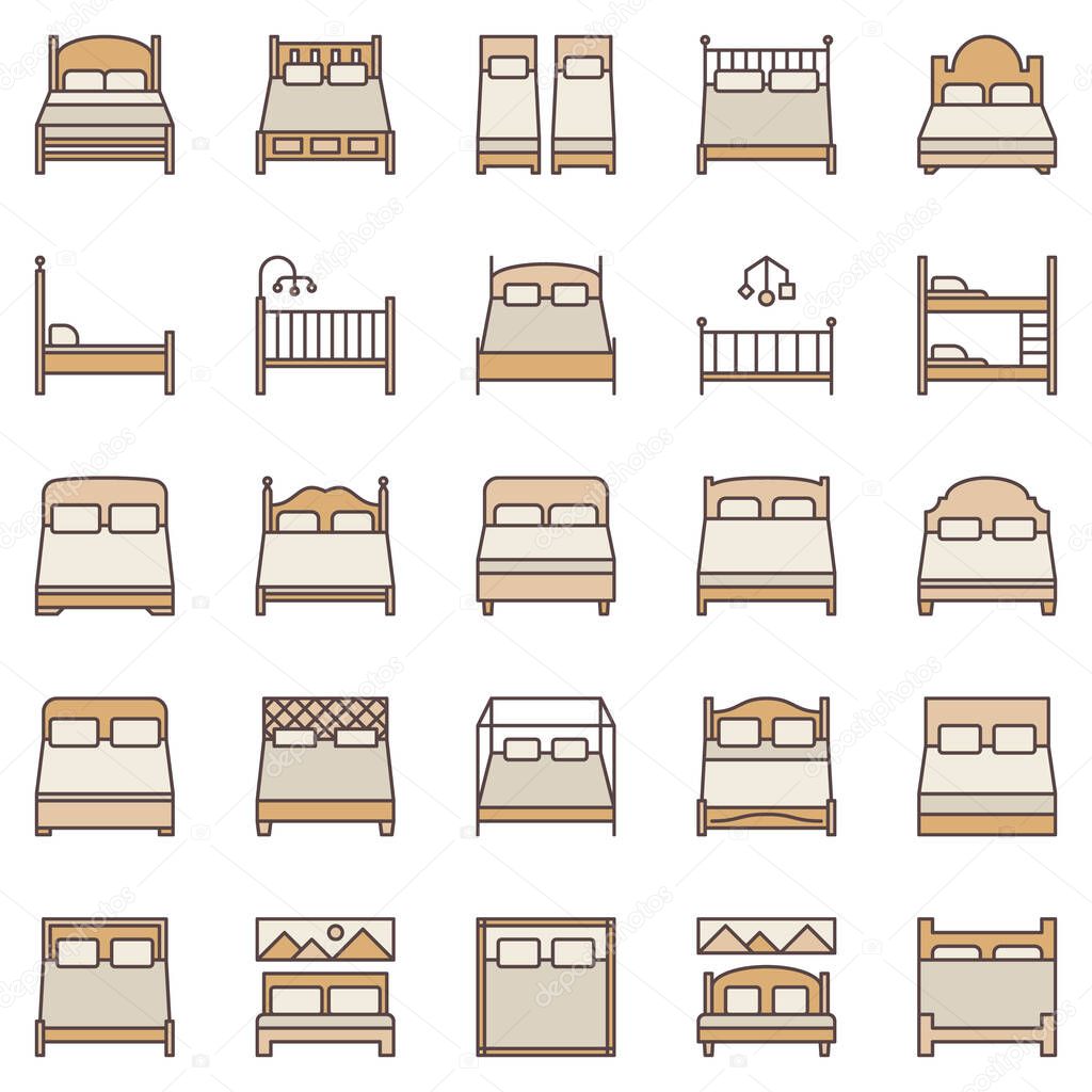 Bed colored icons collection. Vector Single and Double Beds modern symbols set