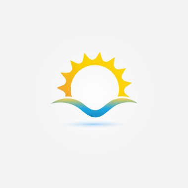 Güneş ve deniz dalgası vektör minimal simgesi - günbatımı parlak sembol