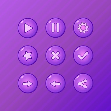set oyun UI vektör öğeleri - Menekşe Çal, Duraklat, seçenekleri, kabul, ret, geri, paylaşmak gamedev düğmeler