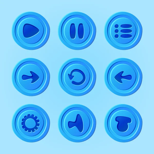 Game UI - vector set of blue buttons for mobile game or app - play, pause, menu, reload, options, sound elements for gamedev — Stock Vector