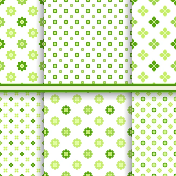 Set van verse groene bloemen naadloze patronen - vector eindeloze textuur — Stockvector