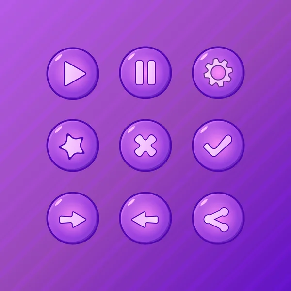 Set of game UI vector elements - violet play, pause, options, accept, decline, back, share buttons for gamedev — Stock Vector