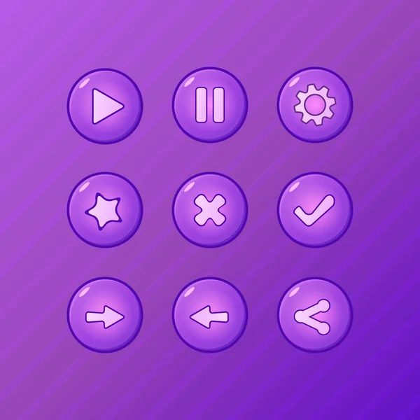 ゲーム ui ベクトル要素 - バイオレットの再生、一時停止、オプションのセットを受け入れる拒否、バック、gamedev 用のボタンを共有 — ストックベクタ