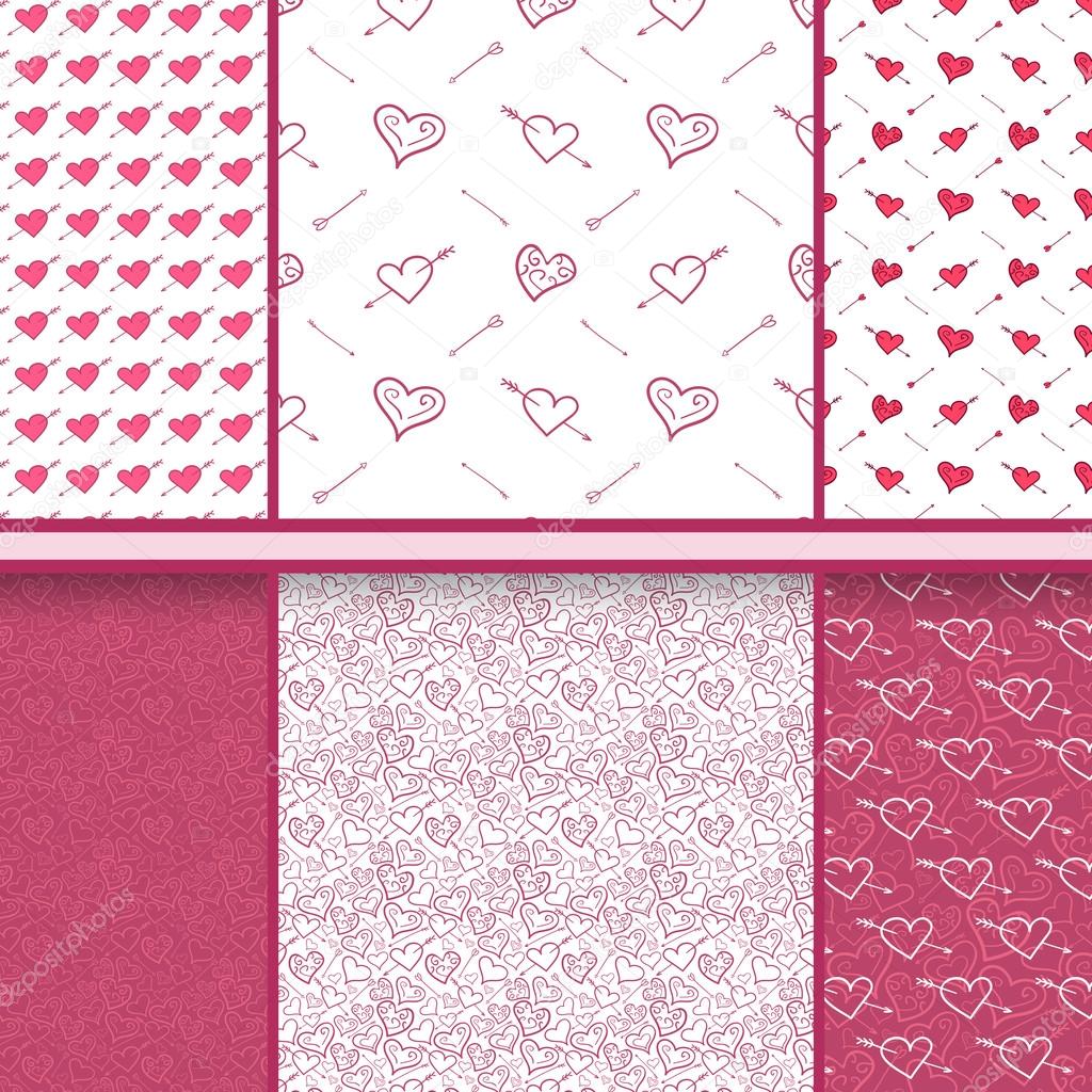 Hearts and arrows vector set of Valentine's Day red seamless patterns