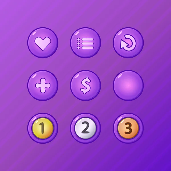 Set of game UI vector elements - violet menu, restart, add, money buttons and prize medals for gamedev — Stock Vector