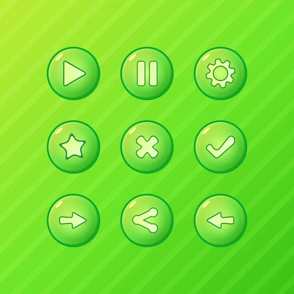 Green game UI - vector set of buttons for mobile game or app, yellow play, pause, menu, reload, options, sound elements for development — Stock Vector