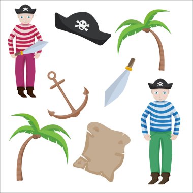karikatür tarzı vektör korsan nesneleri koleksiyonu