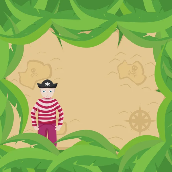 Illustration représentant un pirate debout devant un trésor Carte — Image vectorielle