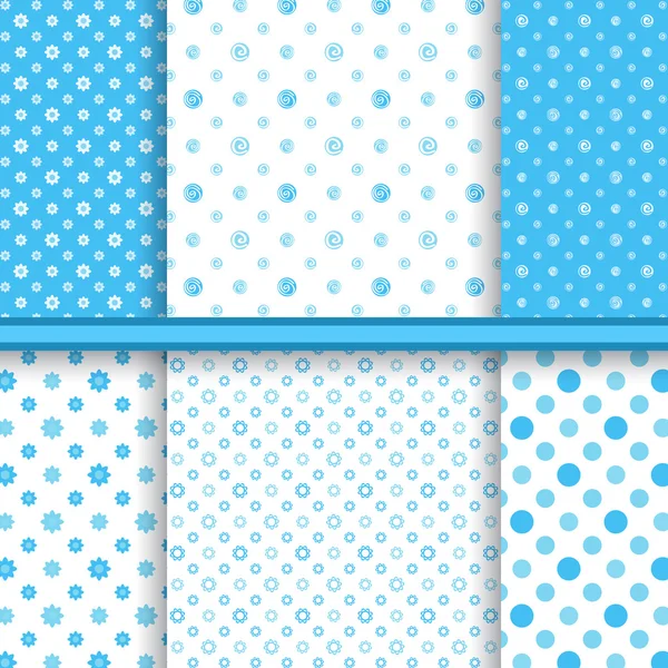 Set heldere blauwe kinderachtig verschillende vector naadloze patronen (tegels) — Stockvector