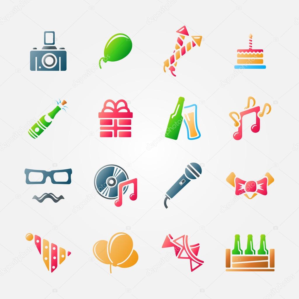 Party or birthday icons set in bright colors