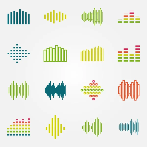 明るい音楽サウンド ウェーブやイコライザーなどのアイコンを設定 — ストックベクタ