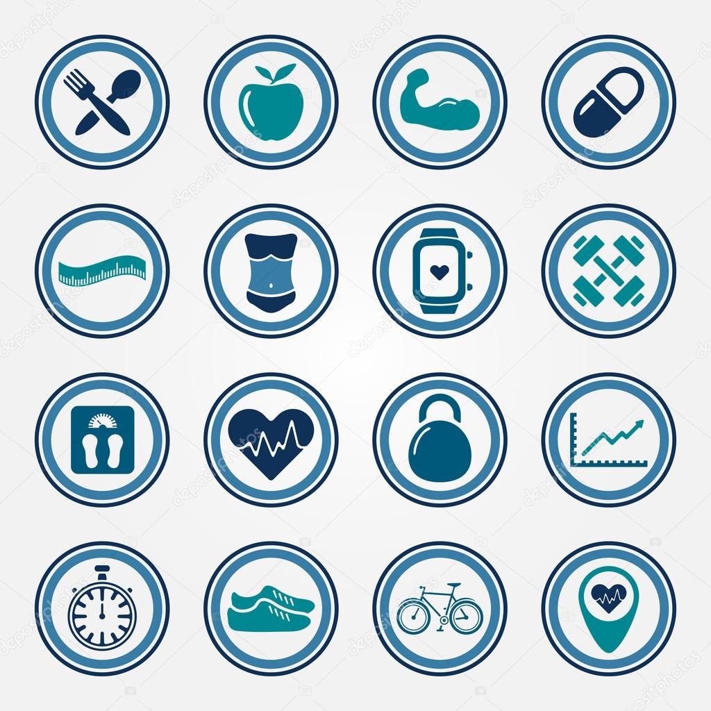 Fitness and health colorful flat icons set
