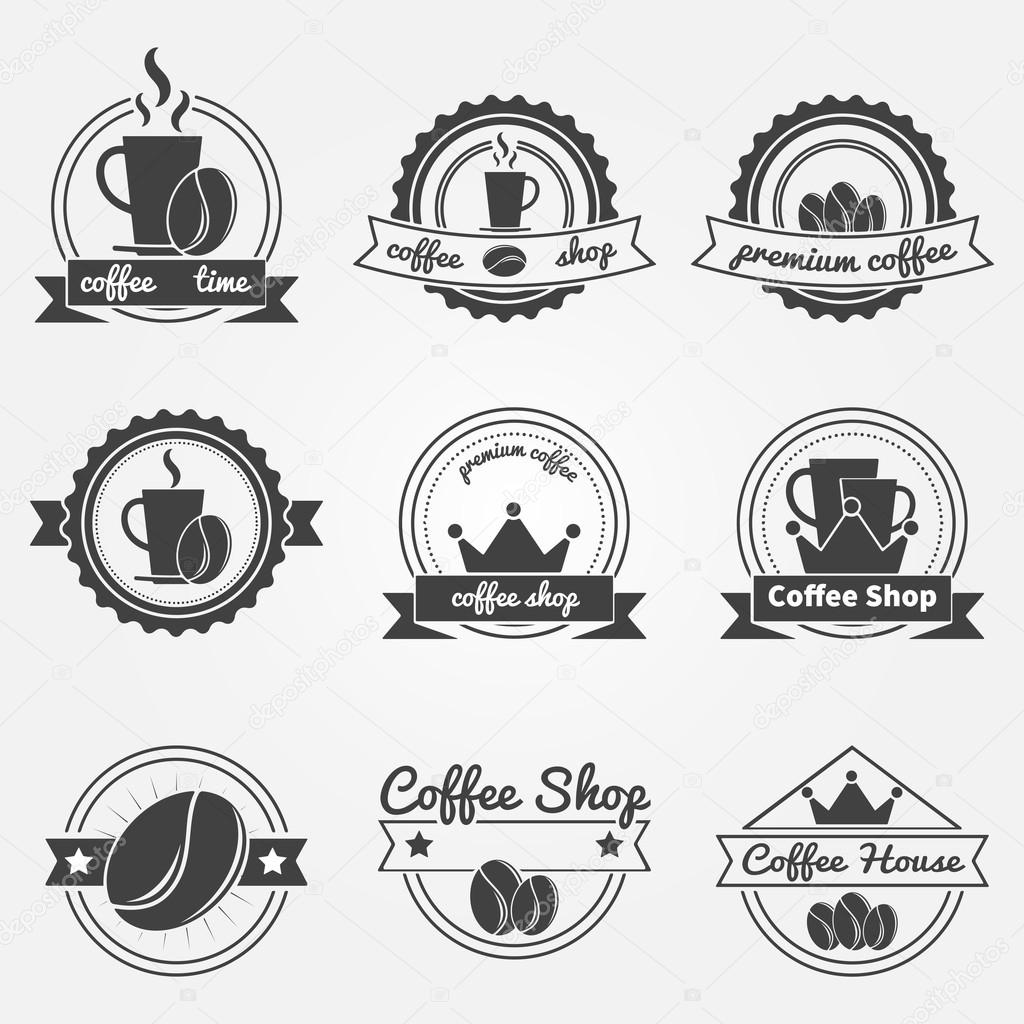 Set of coffee shop logos or vintage vector labels - coffee decoration collection of badges with ribbons
