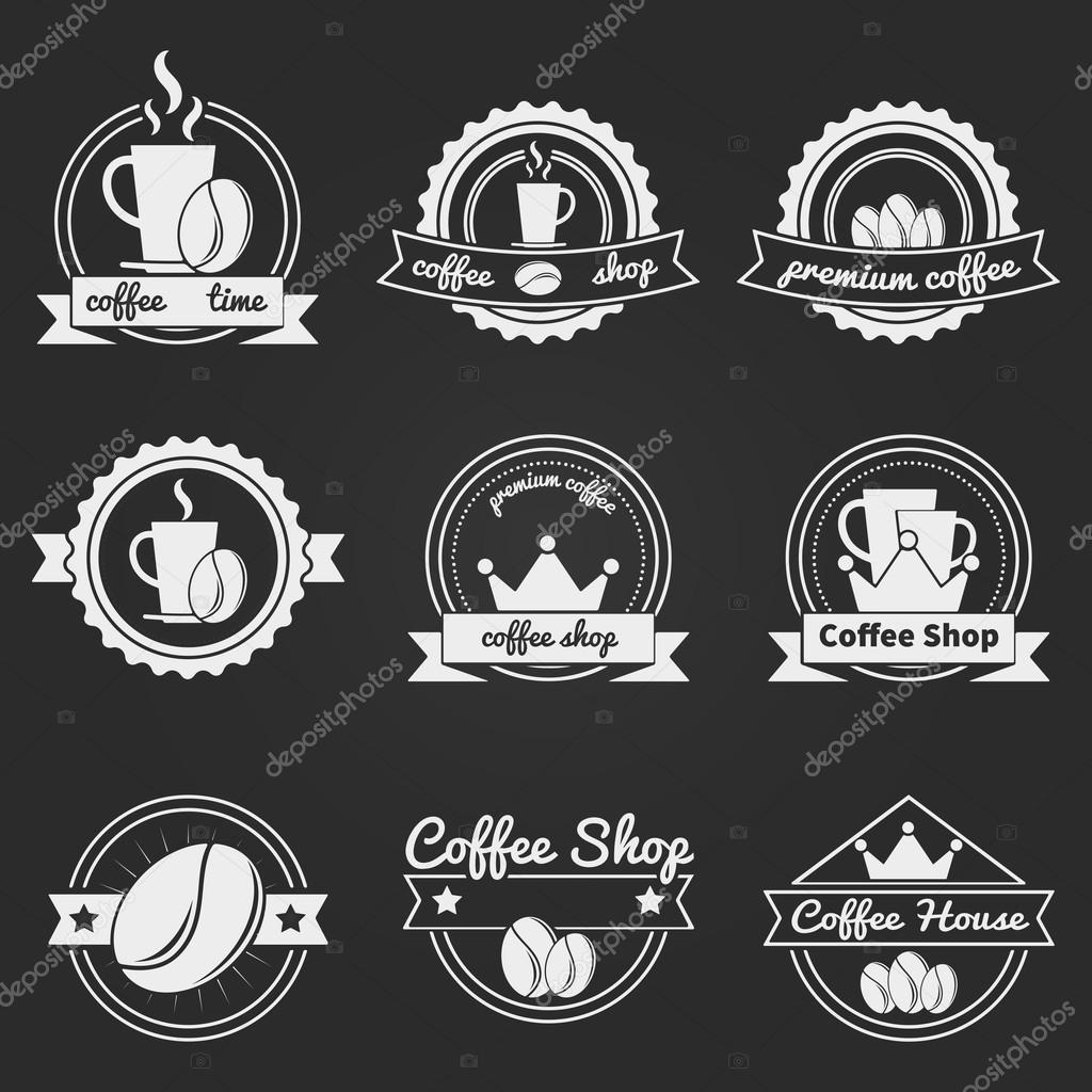 Set of coffee shop logos or vintage vector labels, bages - coffee decoration collection on dark background