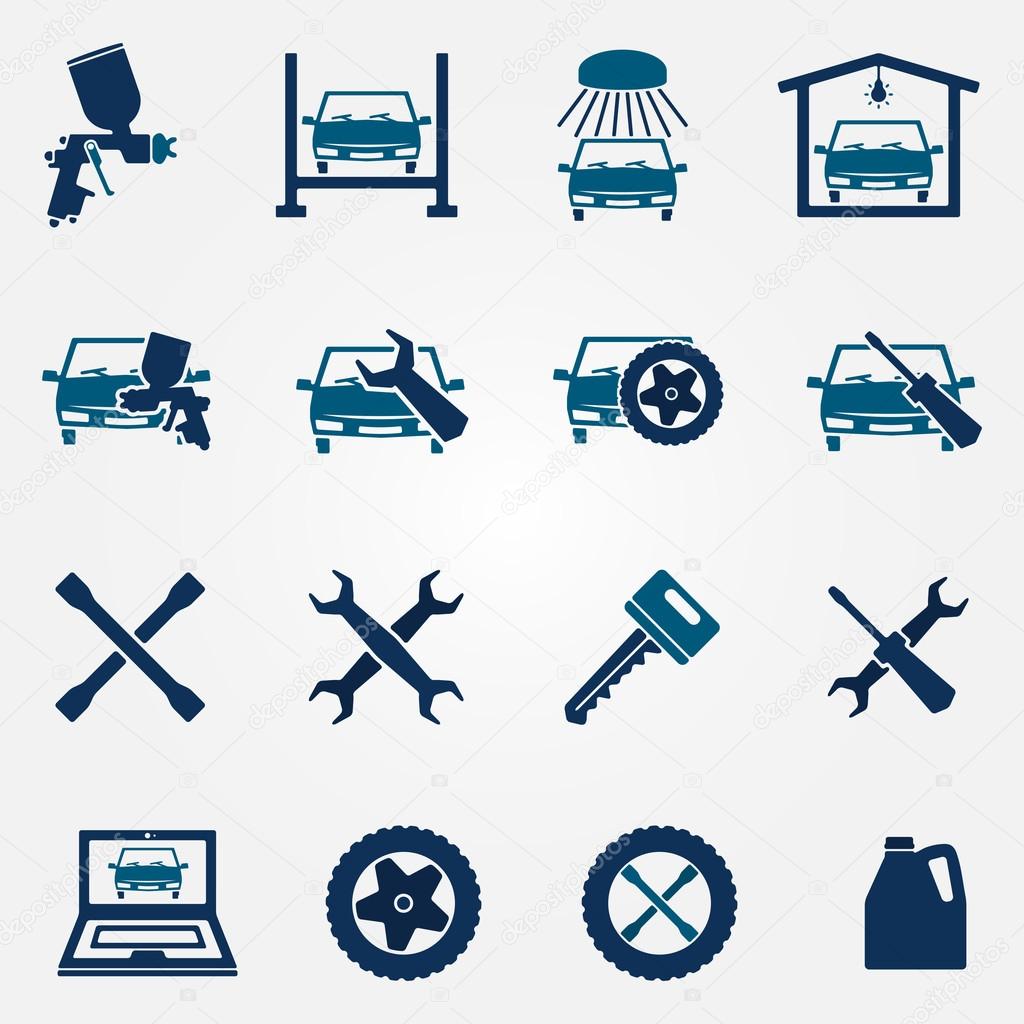 Auto service and repair flat icon set - vector car fix and car paint logo symbols