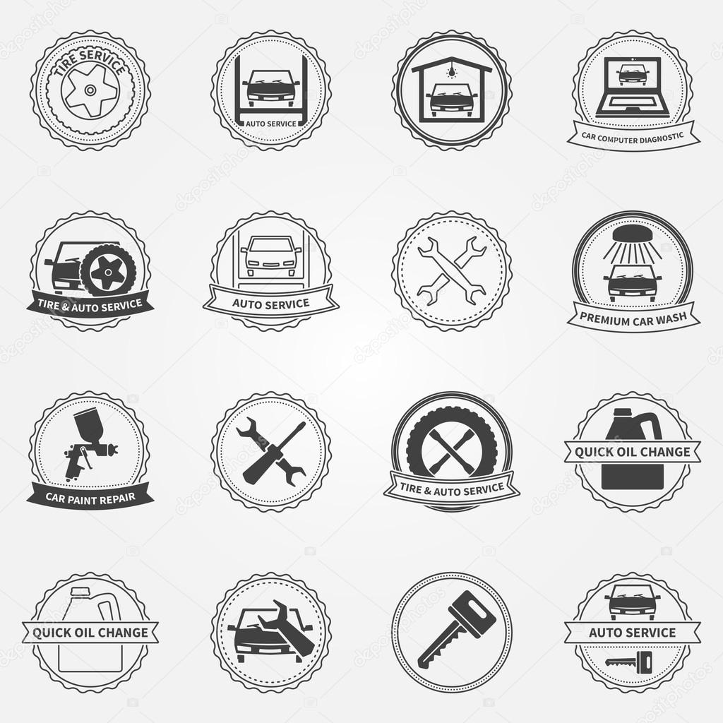Car service symbols and badges, vector set of car fix and paint logos, design elements and emblems