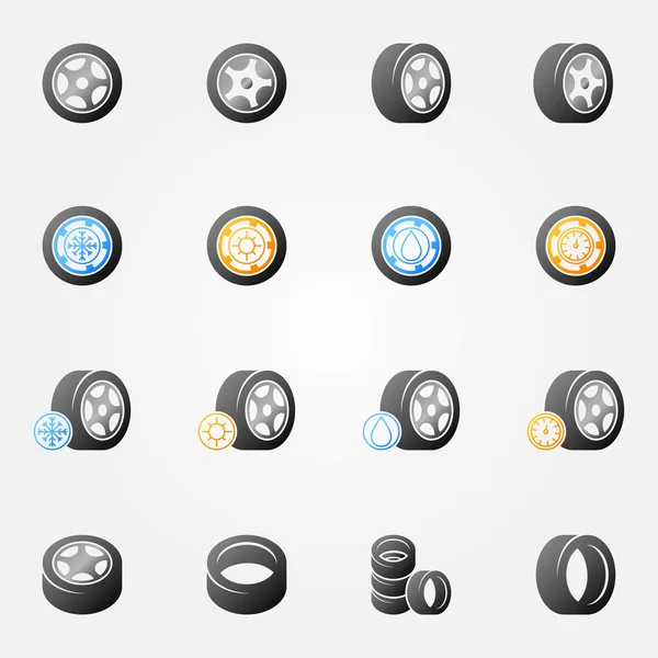 Tire and wheels vector icons set — Stock Vector