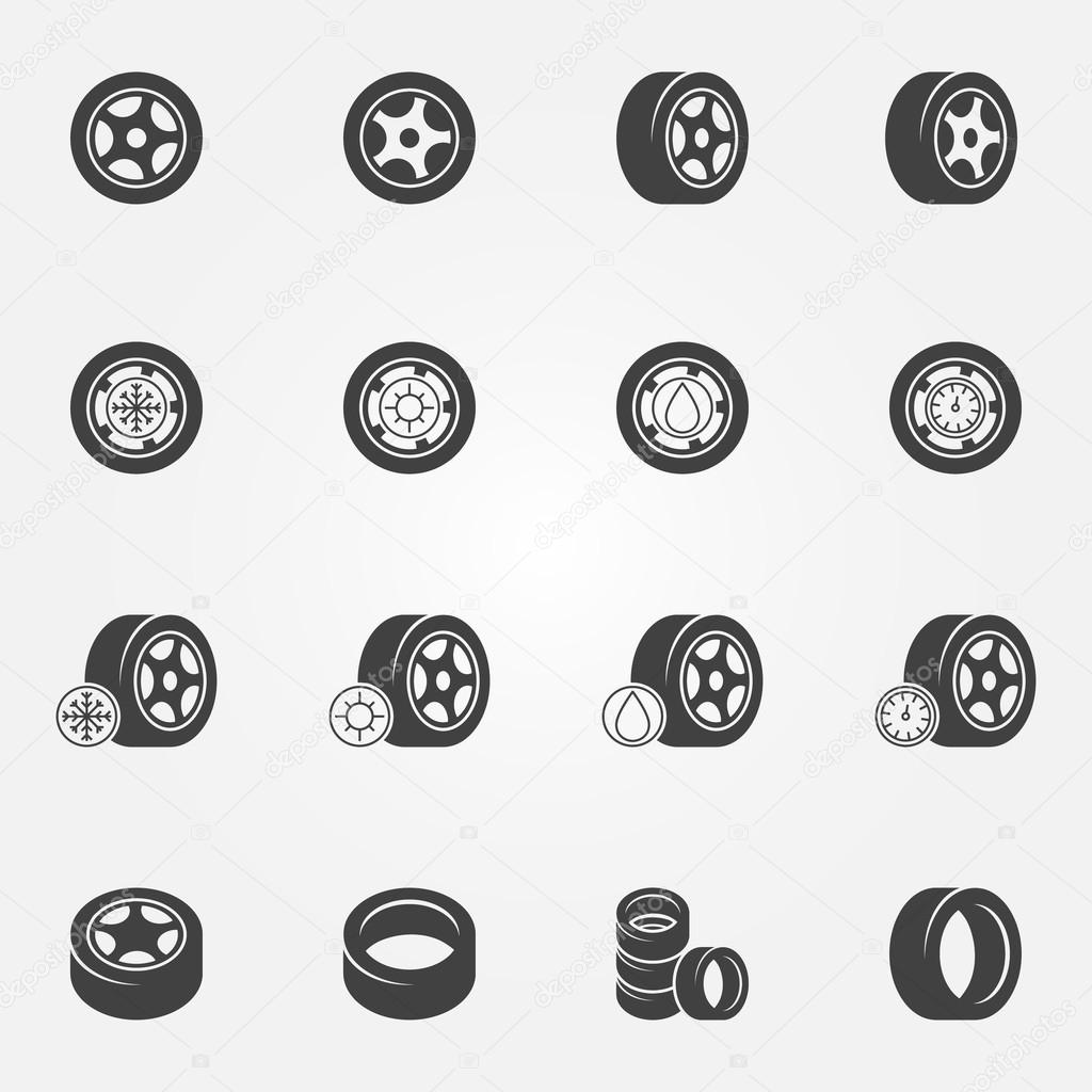 Tire icons set - vector wheel tyre symbols and logos