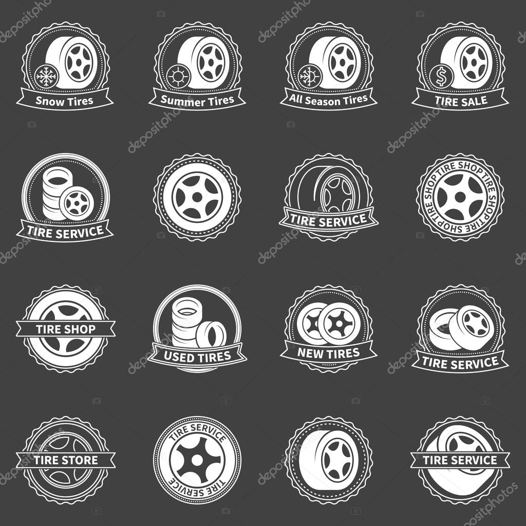 Tire badges and emblems - vector white tire service labels on dark background